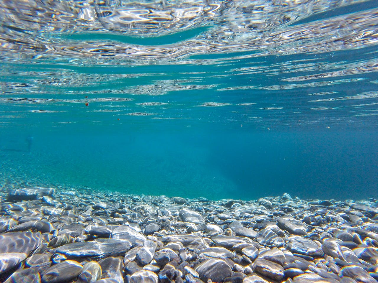 A clear underwater shot showcasing a rocky ocean floor with vibrant blue waters.